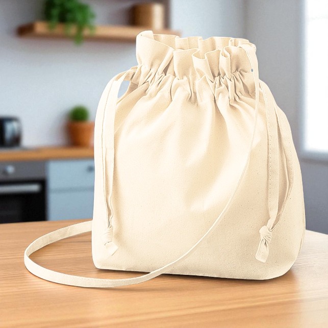 オーガニック厚手コットン巾着ショルダーバッグ